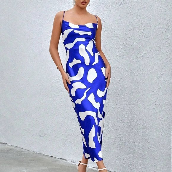 Blue & White Preppy Womens Allover Print Draped Collar Cami Dress - Picture 5 of 5